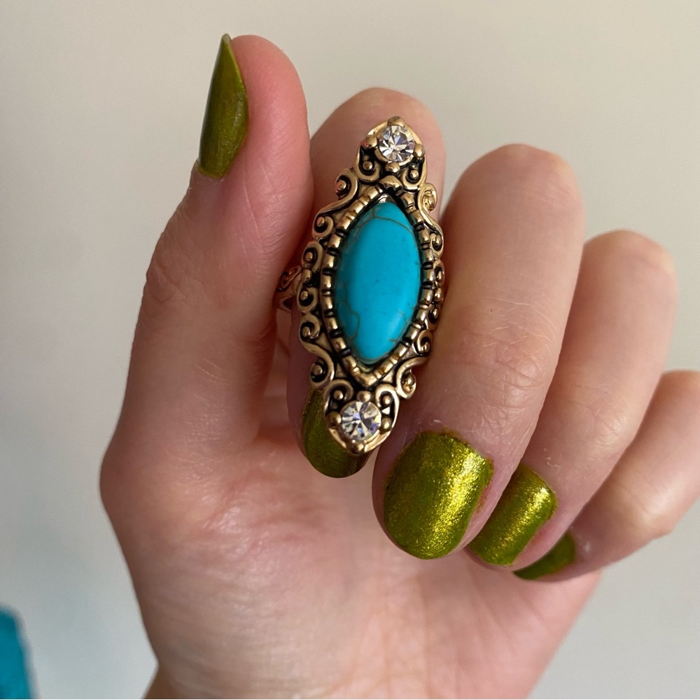Boho Gold Tone Oblong Ring with Turquoise Tone Center Stone - Picture 2 of 5